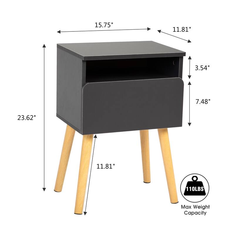 (Set of 2) Gray End Side Table Nightstand With Storage Shelf,1-Drawer
