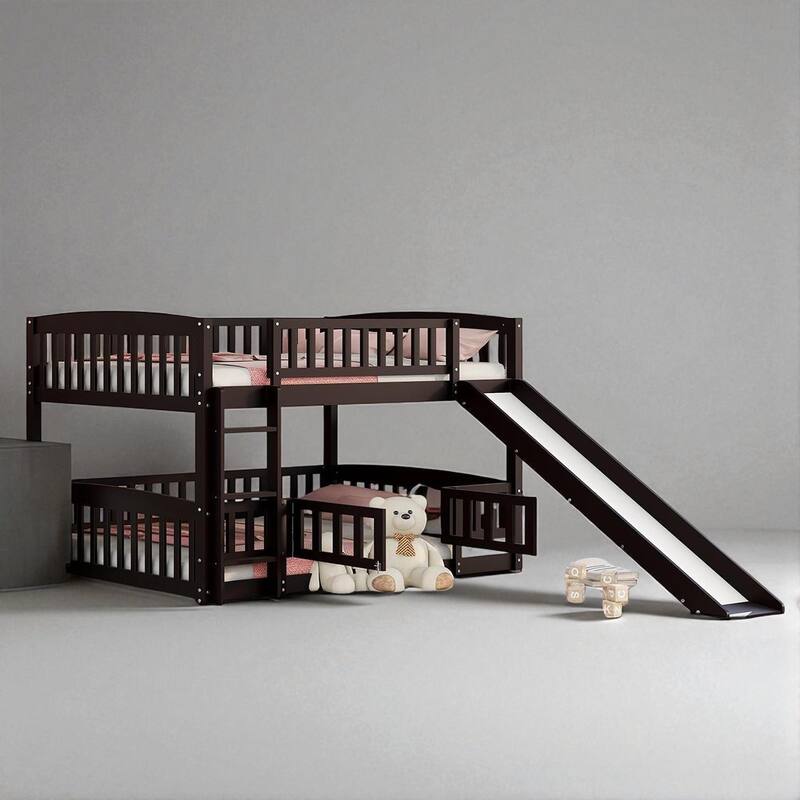 Twin Over Twin / Full Over Full Bunk Bed with Slide and Fence, Low Wood Frame with Ladder for Kids and Teens