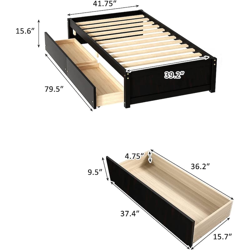Twin Platform Bed Frame with 2 Storage Drawers, Wood Twin Bed Frames for Kids Toddler Girls Boys