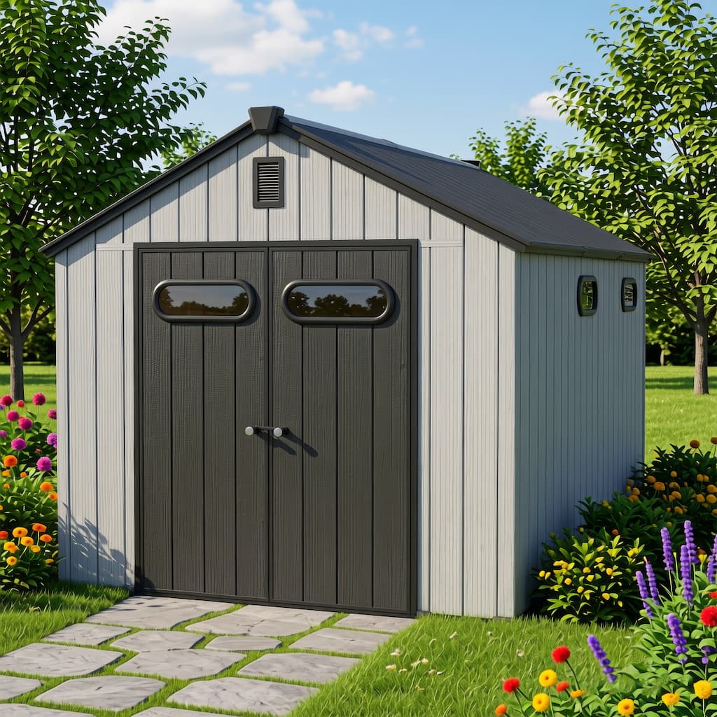 Rust-Resistant Outdoor Storage Shed, Waterproof Resin Garden Shed with Floor, Doors, Skylight & Vent for Lawn Tools & Bikes