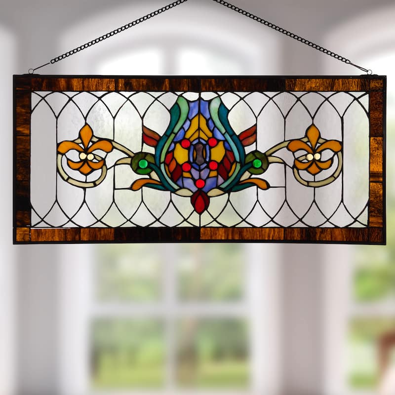 River of Goods Fleur De Lis Stained Glass Pub Window Panel - 30"L x 0.25"W x 14"H - Multi