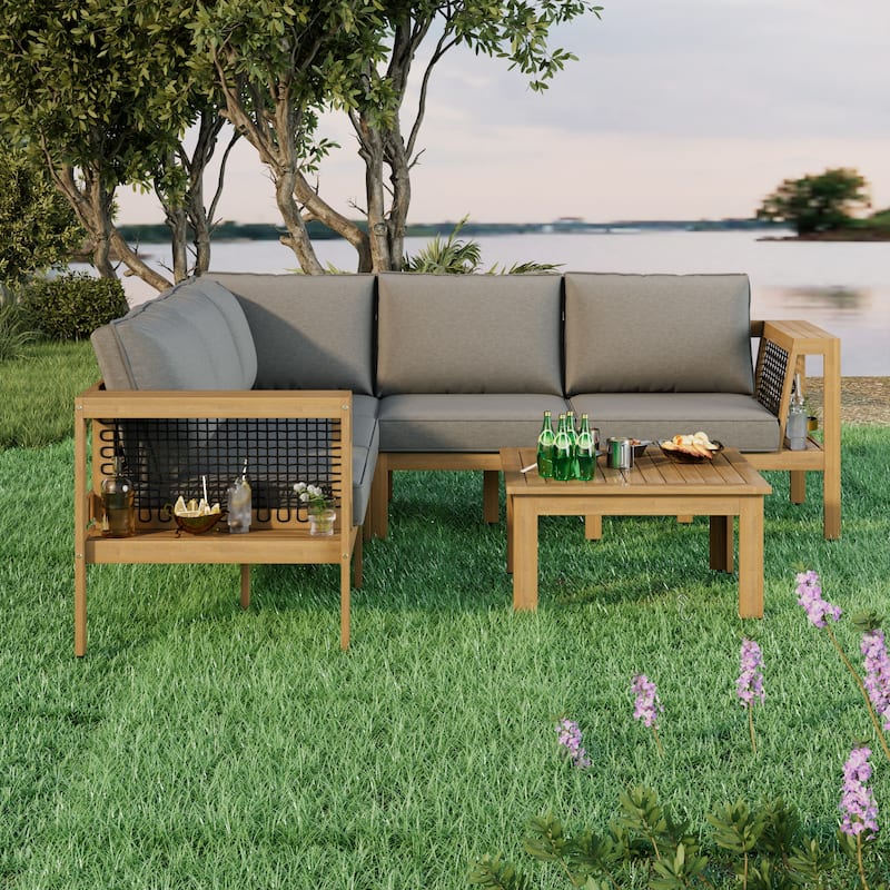 Exclusive 4-Piece Outdoor Acacia Wood Sectional Sofa Set with Woven Rope Armrests