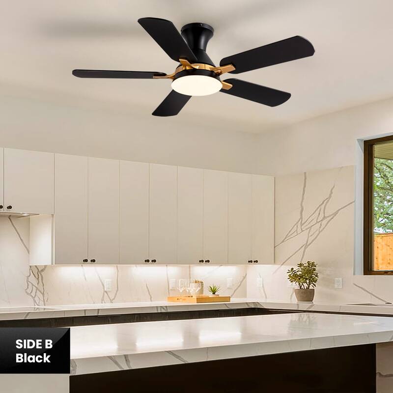 Industrial Led Ceiling Fan With Lights And Remote, Modern Black And Gold Flush Mount Ceiling Fan With 5 Blades