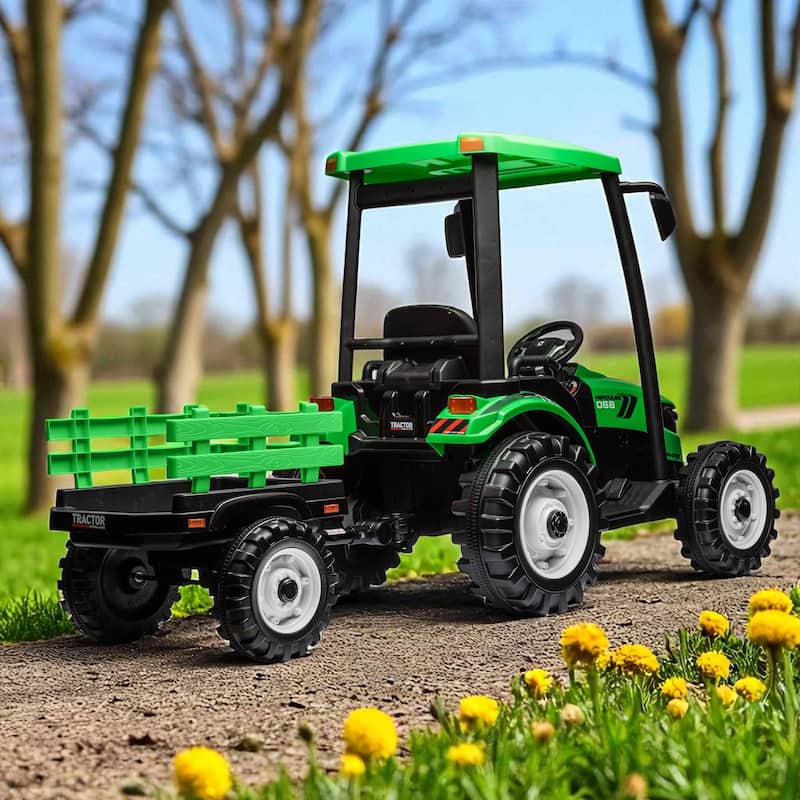 24V Kids Ride On Tractor with Remote Control, Electric Pedal Car with Trailer, Working Loader & Backhoe Digger