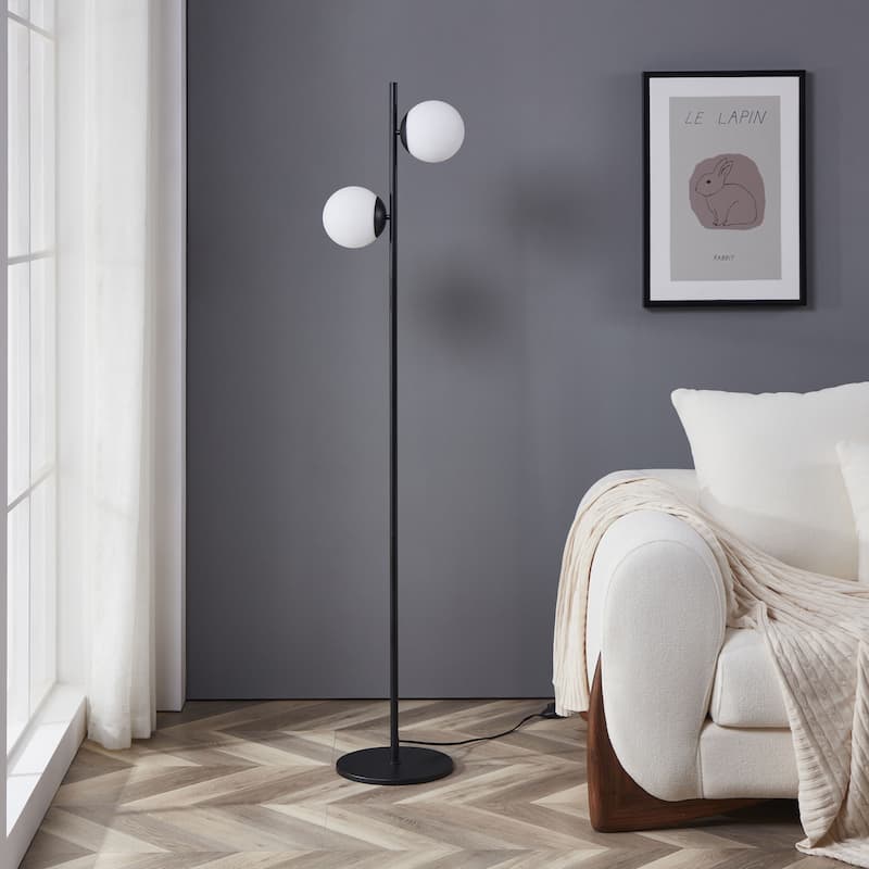 Brightech Sphere 65 in. Classic Black Modern 2-Light LED Super Bright Floor Lamp with 2 Frosted White Glass Globe Shades