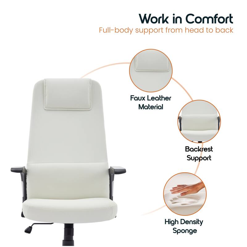 Nexa Ergonomic Leather/Polyester High-Back Office Chair with Padded Headrest, Adjustable Height, Swivel, and Smooth Casters