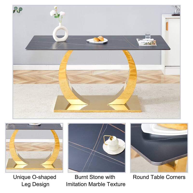 Roomfitters 63" Sintered Stone Dining Table with Black Marble Texture and Gold Metal Legs, Rectangular, Black