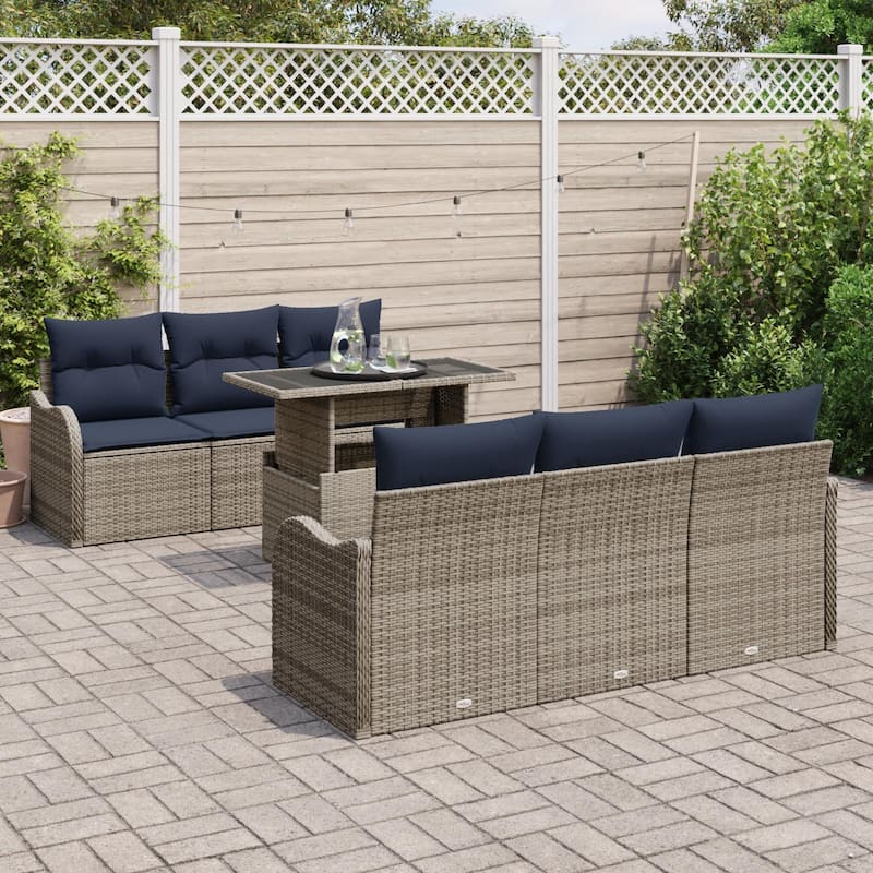 vidaXL 7 Garden Sofa Set with Cushions Black/Brown/Grey Poly Rattan - 69.3 x 24.4 x 27.2