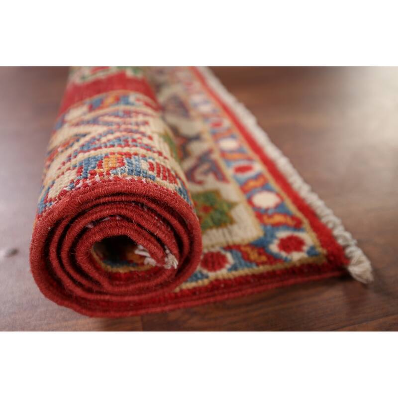Hand Knotted Oriental 100% Wool Carpet Traditional Geometric Red Kazak Area Rug - 2' 11'' X 1' 11''