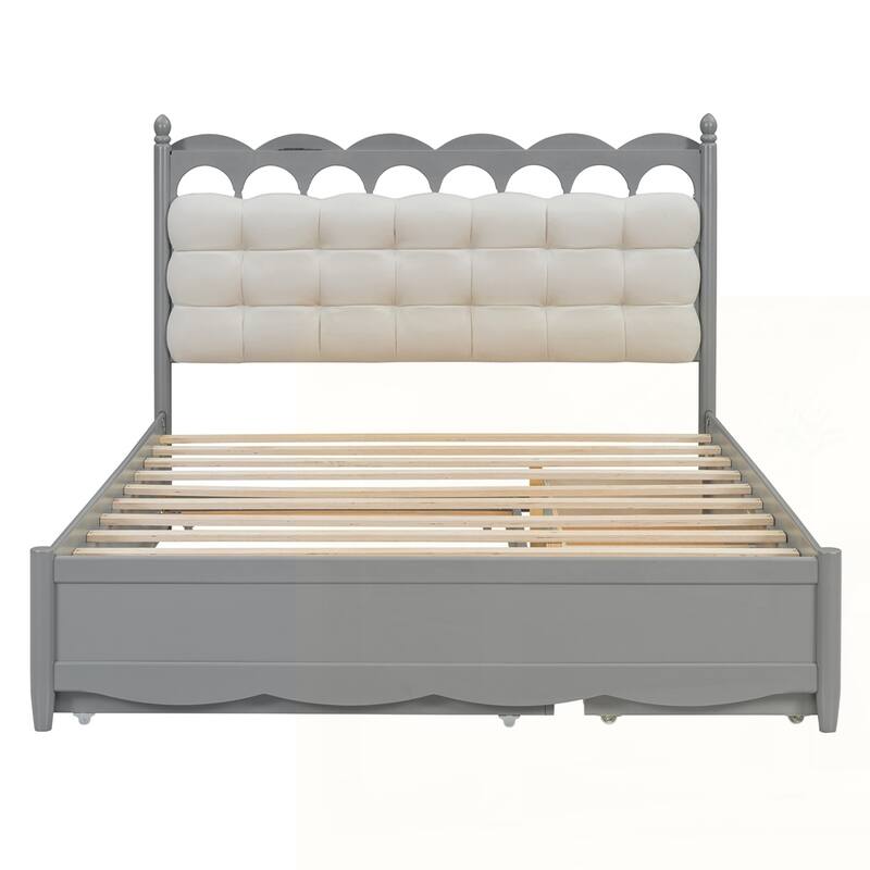 Wooden Storage Platform Bed with USB Ports