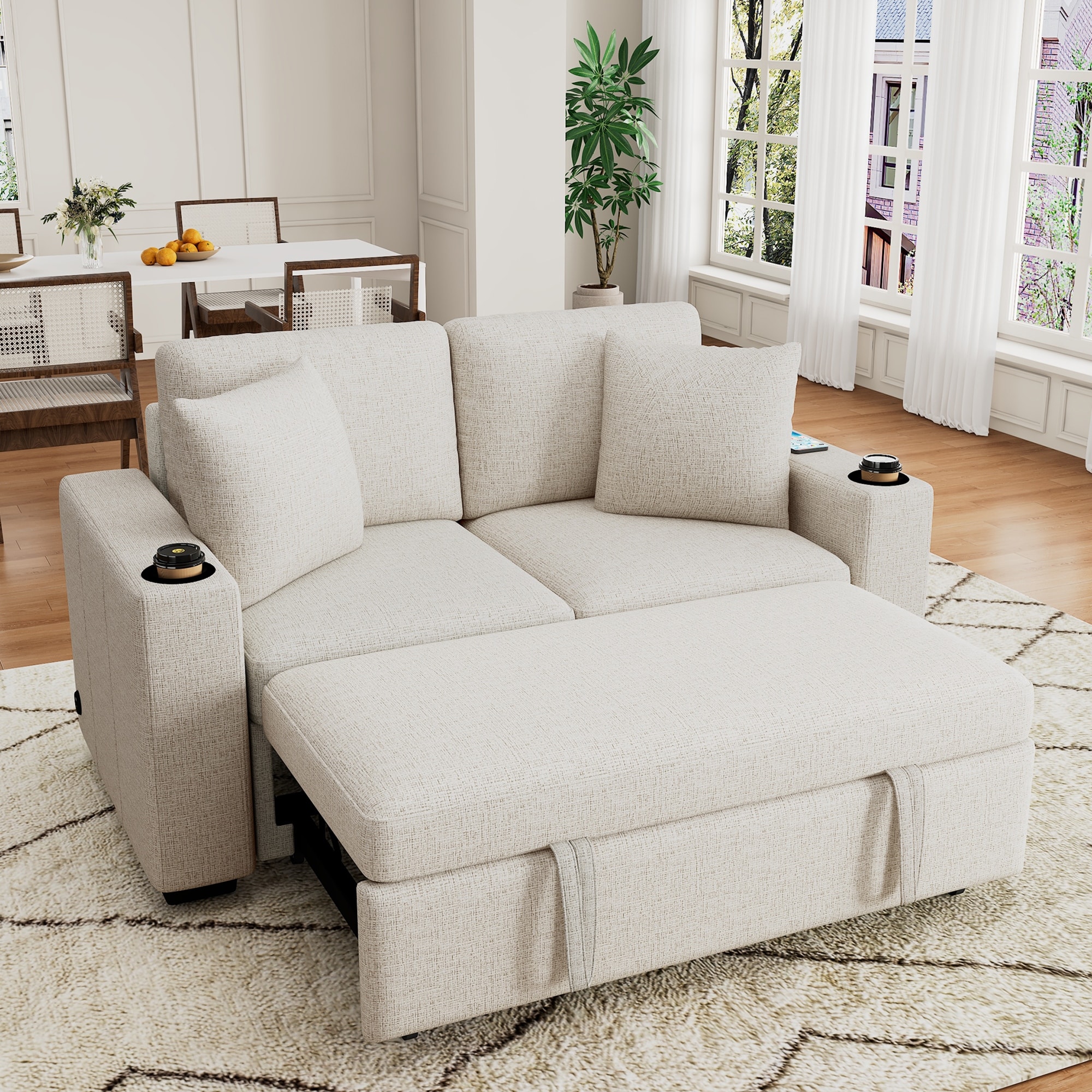 Convertible Sectional Sofa with Pull-out Sofa Bed and Dual Cup Holders