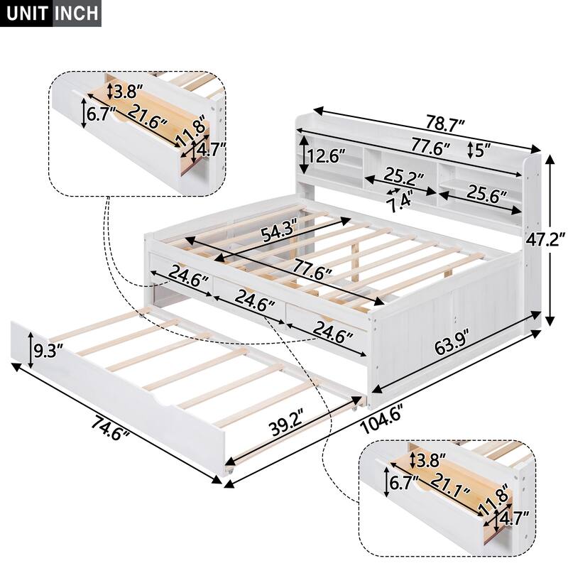 Twin/Full Captain Bed with Built-in Bookshelves, Trundle, and Storage Drawers