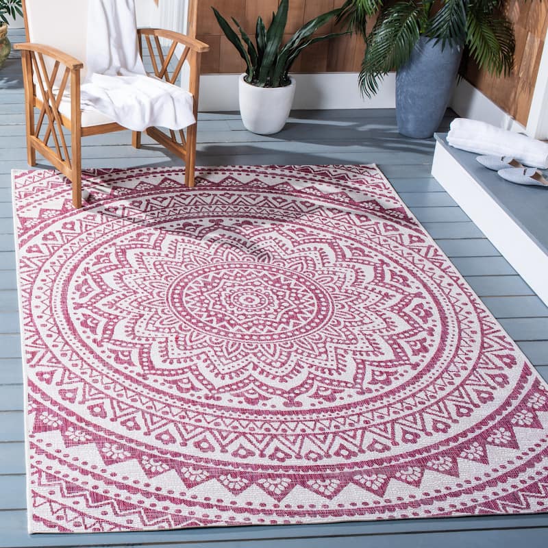 SAFAVIEH Courtyard Fran Mandala Indoor/ Outdoor Waterproof Patio Backyard Rug - 2'7" x 5' - Ivory/Fuchsia