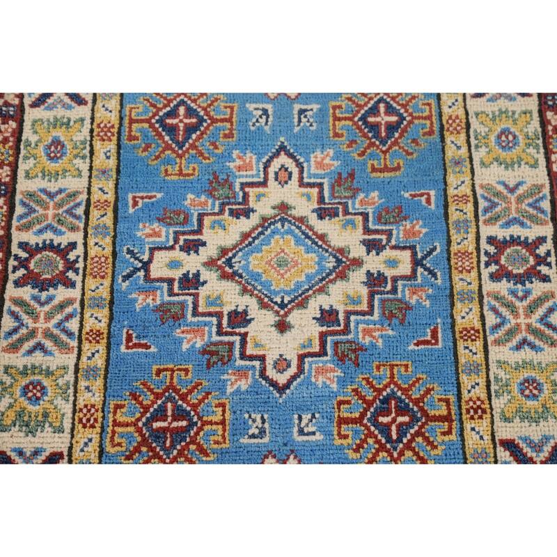 Blue Geometric Kazak Foyer Rug Handmade Oriental Wool Carpet - 2'1" x 3'0"