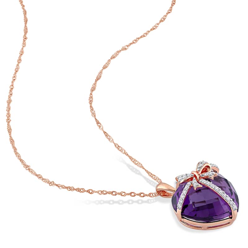 Miadora 12ct TGW Heart-cut Amethyst and 1/8ct TDW Diamond Bow Necklace in 10k Rose Gold