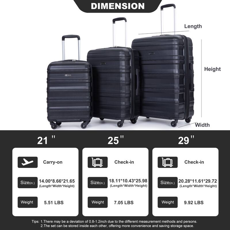 3 Piece PC Expandable Luggage Sets, Modern Lightweight Durable Suitcase with TSA Lock, Two Hooks and Spinner Wheels