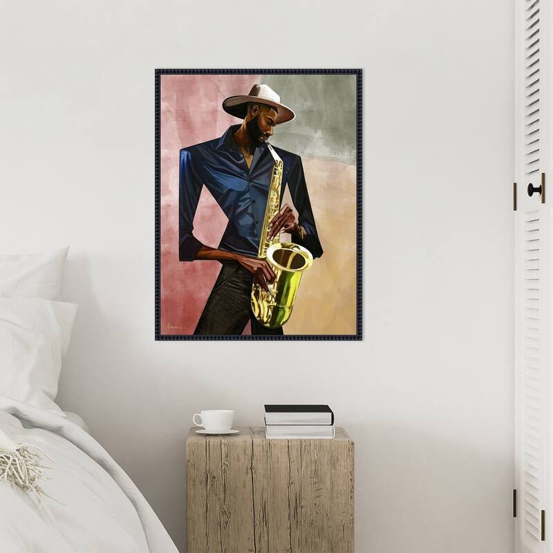 Sax Player by Manasseh Johnson sr Framed Canvas Wall Art Print - Sylvie Beaded Black