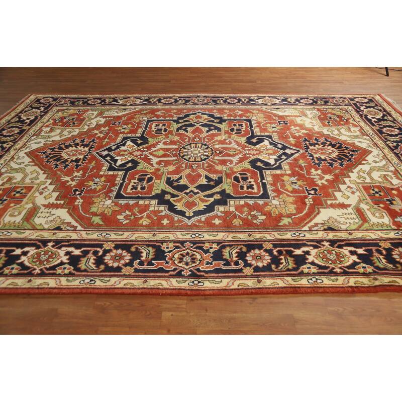 Geometric Medallion Heriz Serapi Indian Rug Hand-Knotted Wool Carpet - 8'10" x 12'0"