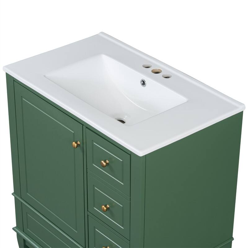 30" Bathroom Vanity with Ceramic Sink, Freestanding Bathroom Vanity Cabinet w/ 3 Storage Drawers, 1 Soft Close Door & Door Shelf