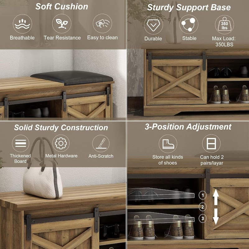 WESOME 47 inch Shoes Bench with Sliding Barn Door Storage Cabinet and Adjustable Shelves - 47.24"Lx15.35"Dx18.7"H