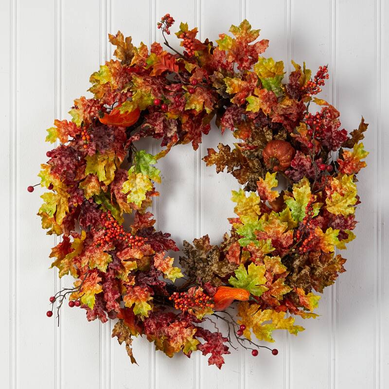 Pumpkin, Berry and Oak Leaf Artificial Fall Harvest Wreath, 32-Inch