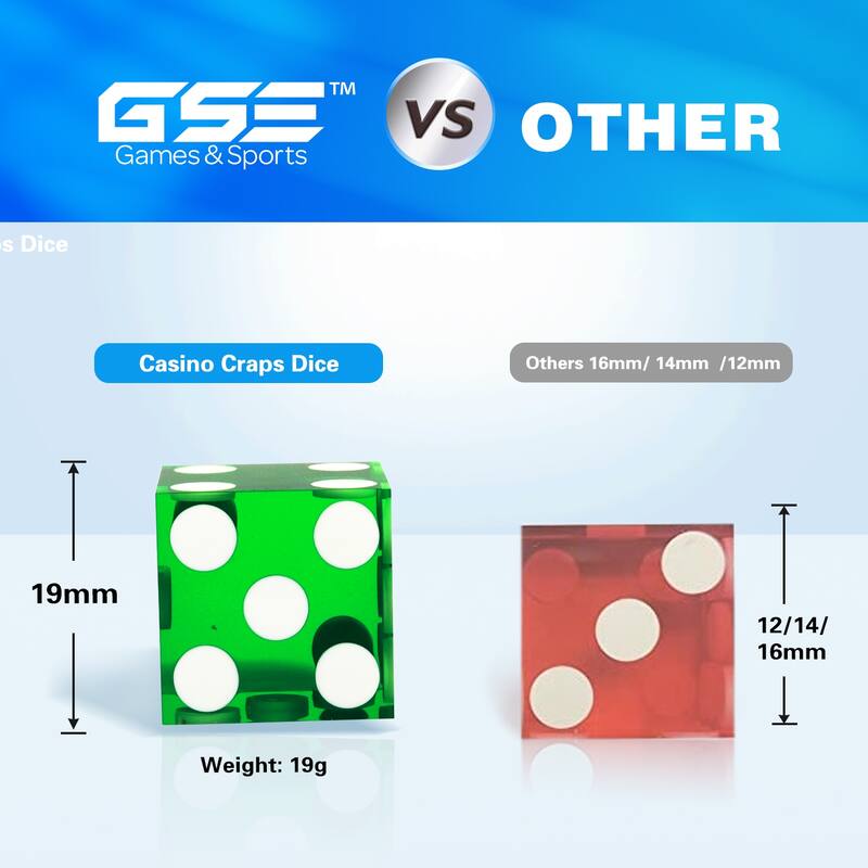 GSE™ Instant Casino Craps Game Set with 5 of 19mm Precision Casino Dice with Matching Serial Numbers, 3-Inch Craps On/Off Puck