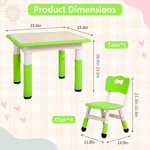 dimension image slide 4 of 7, Kids Table and Chairs Set Height Adjustable Desk with 4 Seats