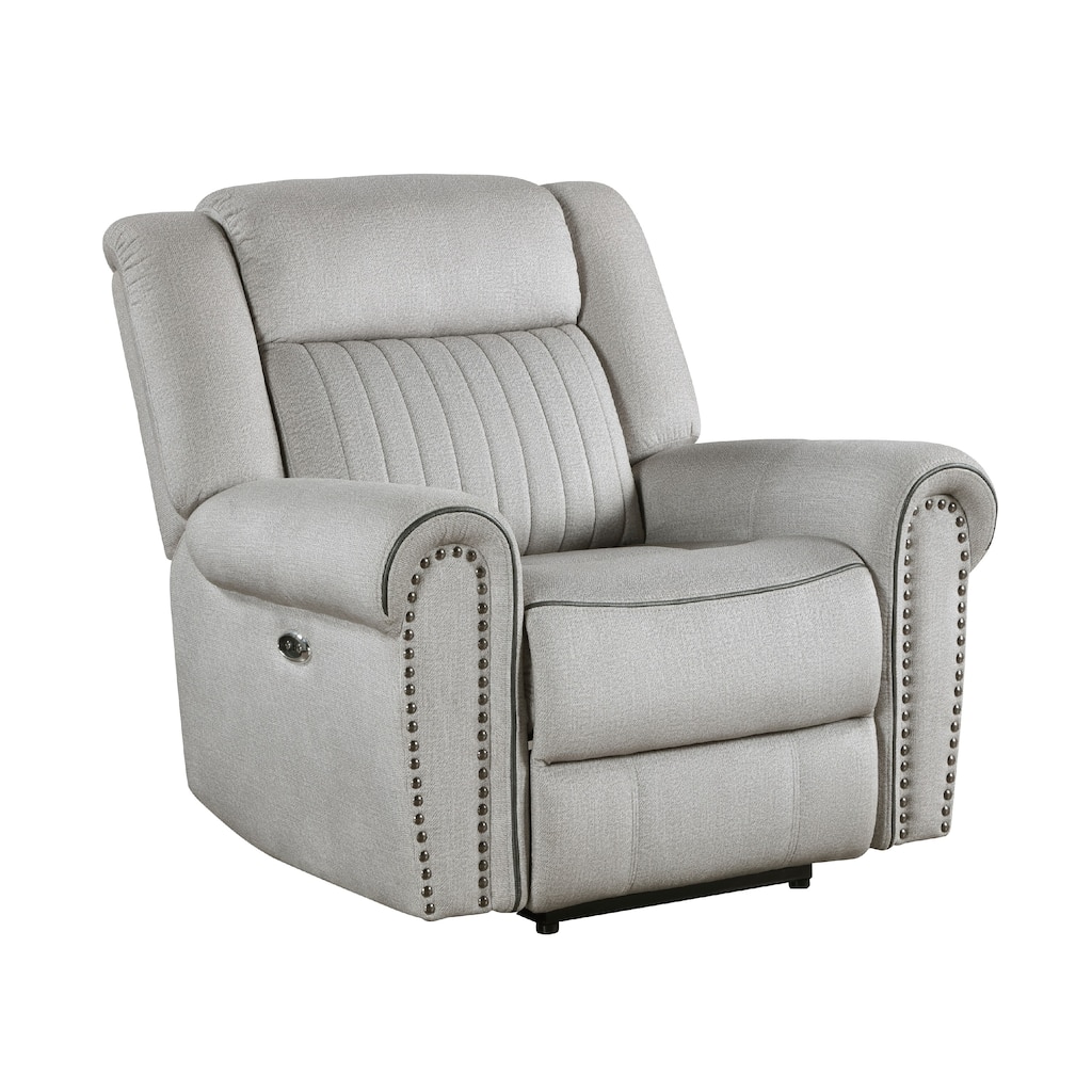 Ben Power Reclining Chair, 41 Inch, Gray Microfiber, Nailhead Trims