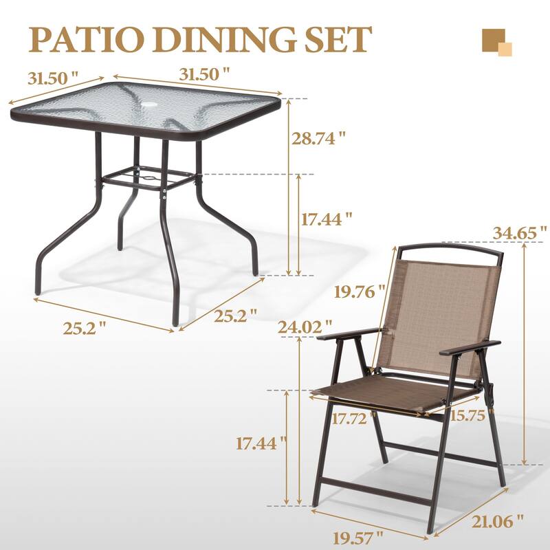 Outdoor 5-piece Patio Dining Set Folding Chairs and Glass Table with Umbrella Hole - See the specifications