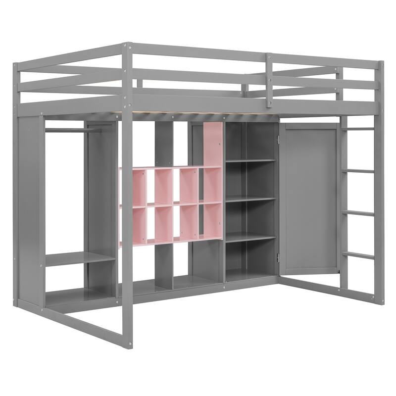 Full Size Wood Loft Bed with Wardrobe Shelves and Cabinet Storage
