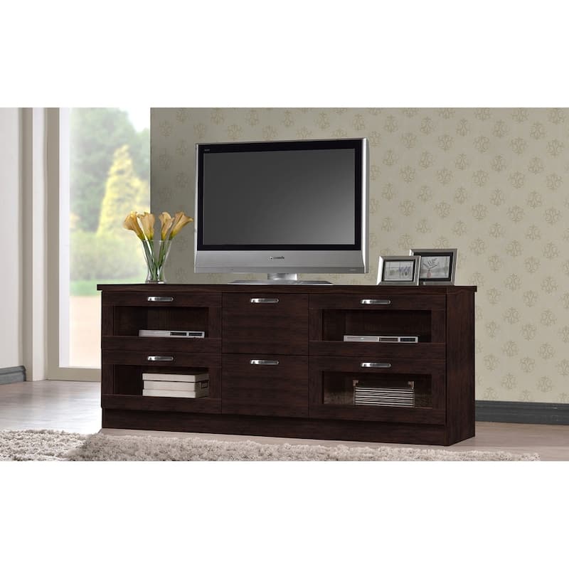 Adelino 63 Inches Dark Brown Wood TV Cabinet with 4 Glass Doors and 2 Drawers - 24.57"H x 62.4"W x 15.6"D - Dark Brown