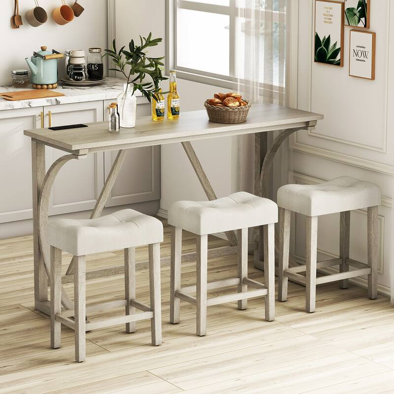 Gymax 4-Piece Bar Table Set w/ Power Outlet Counter Height Bistro