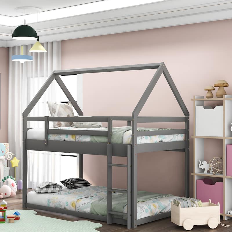 Low Bunk Bed, House Bed with Ladder - Grey
