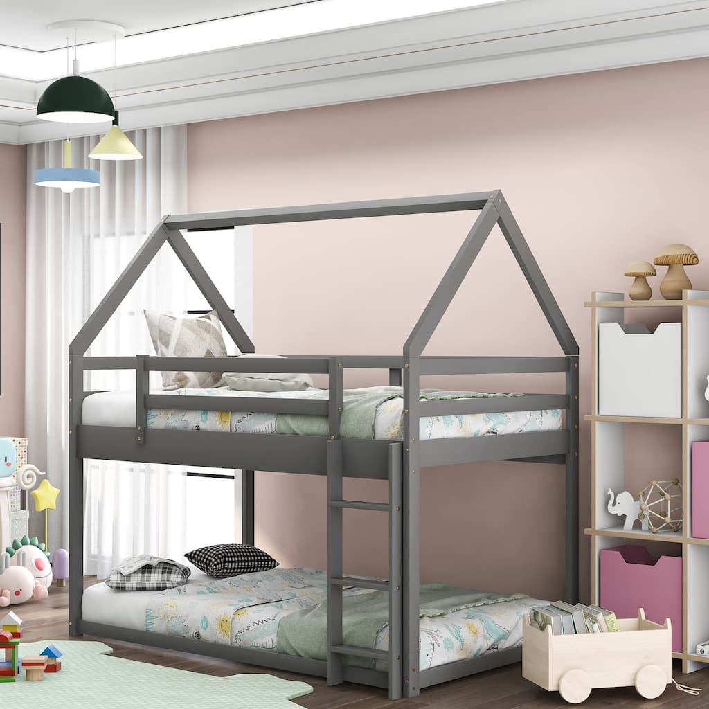 Low Bunk House Bed with Ladder, Twin over Twin, Gray