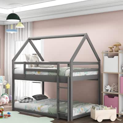 Twin over Twin Low Bunk bed, House bed with Ladder , Gray