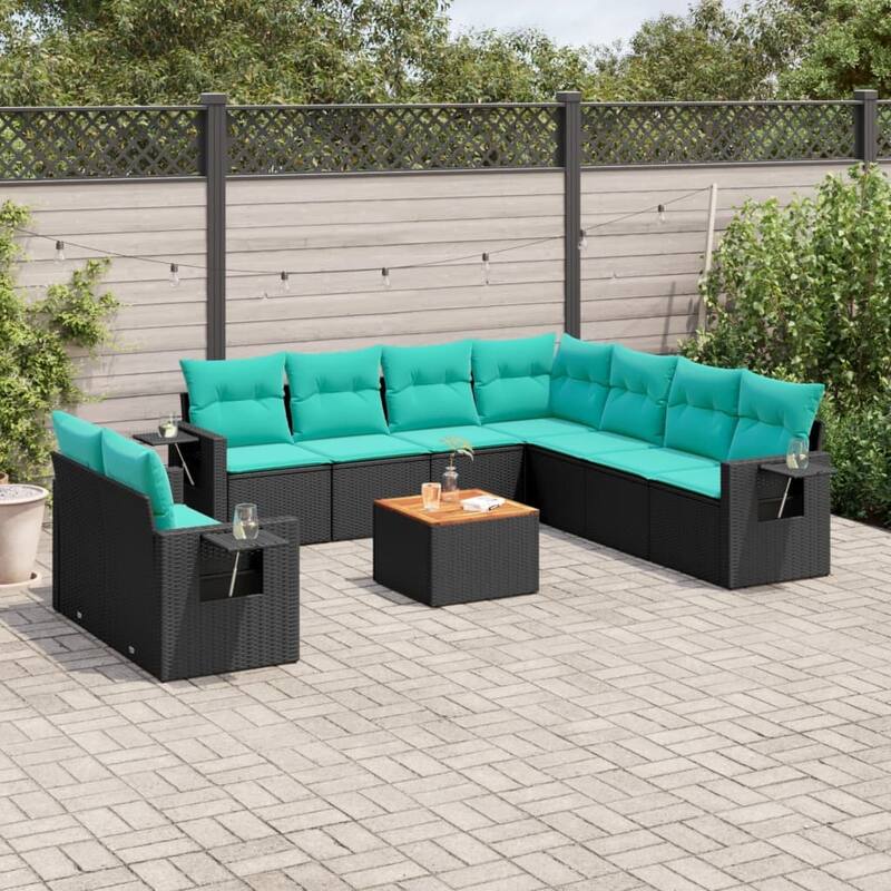 vidaXL 10 Piece Patio Sofa Set with Cushions Black Poly Rattan - 24.4x24.4x27.2
