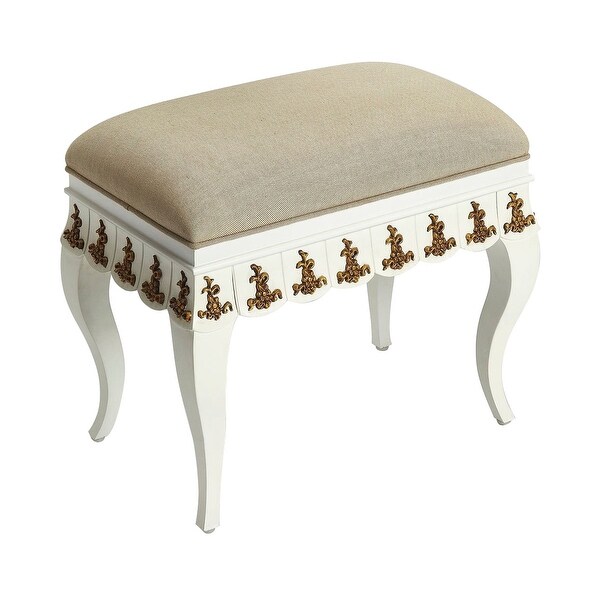 Traditional White and Gold Rectangular Vanity Stool - N/A
