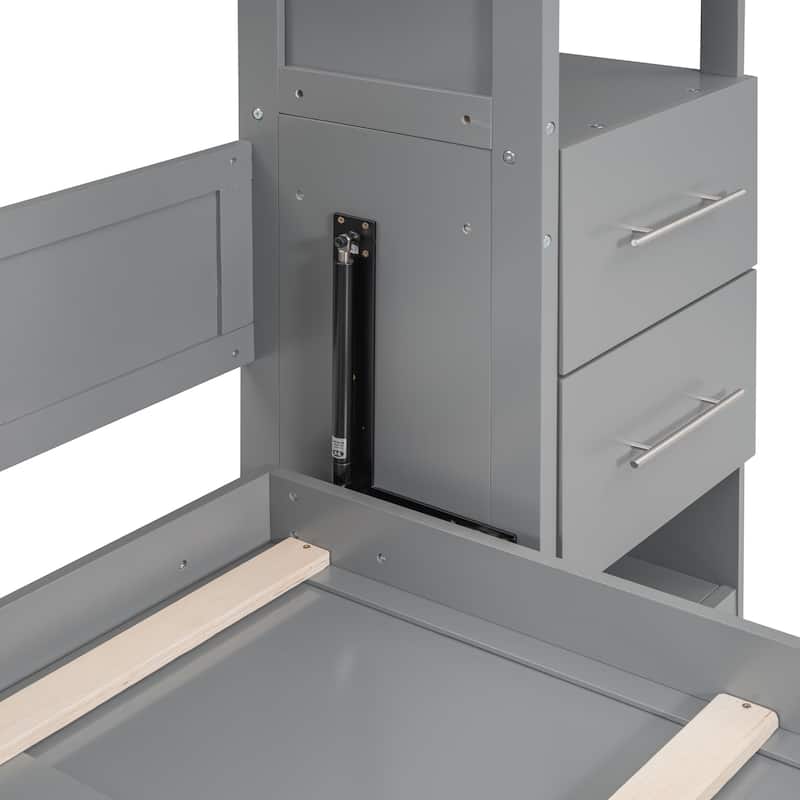 Full Size Murphy Bed Wall Bed with Shelves, Drawers and LED Lights,Gray