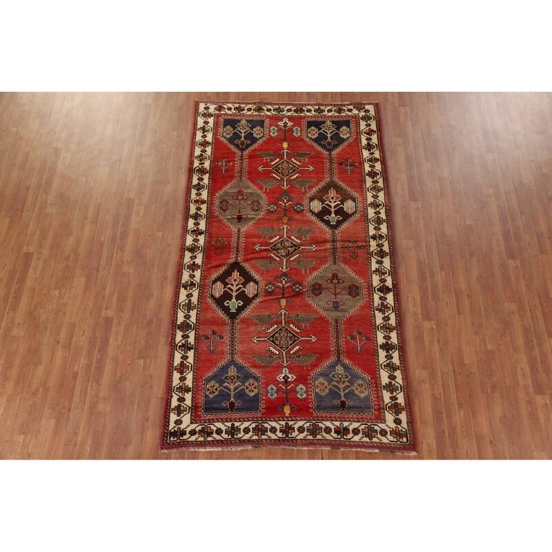 Hand Knotted Oriental 100% Wool Carpet Traditional Tribal Red Shiraz Area Rug - 9' 5'' X 5' 3''