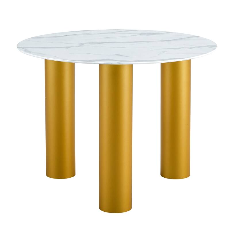 Roomfitters Round Dining Table with Faux Marble Glass Top and Golden MDF Legs for Kitchen or Living Room, White