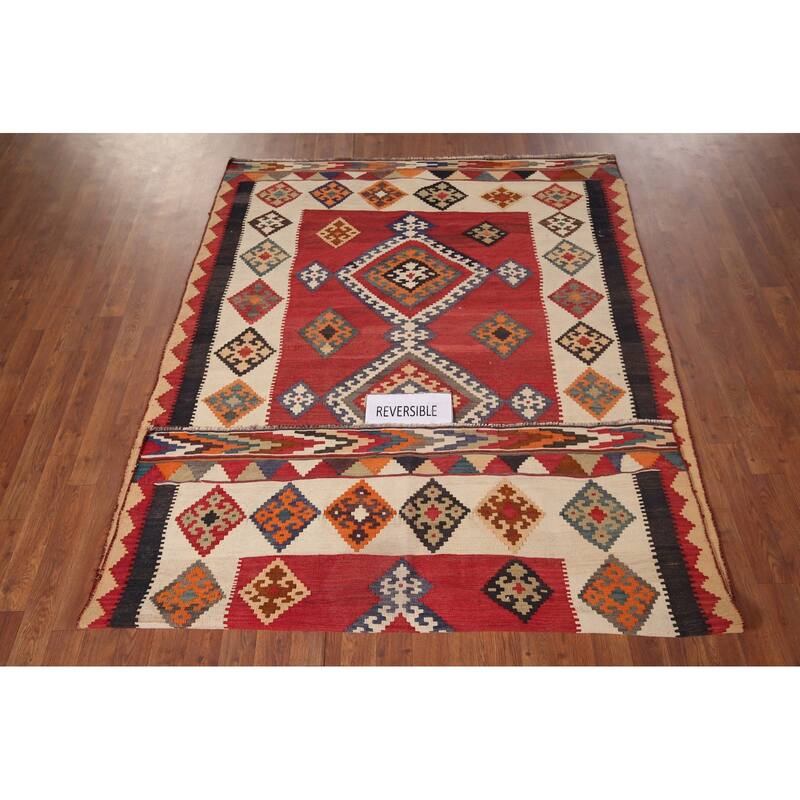 Kilim Qashqai Persian Vintage Rug Hand-Woven Red Wool Carpet - 5'4"x 8'3"
