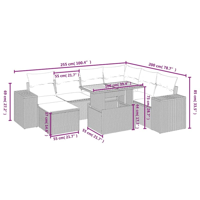 vidaXL Patio Sofa Set with Cushions Outdoor Conversation Furniture Poly Rattan - 21.7 x 24.4 x 27.2