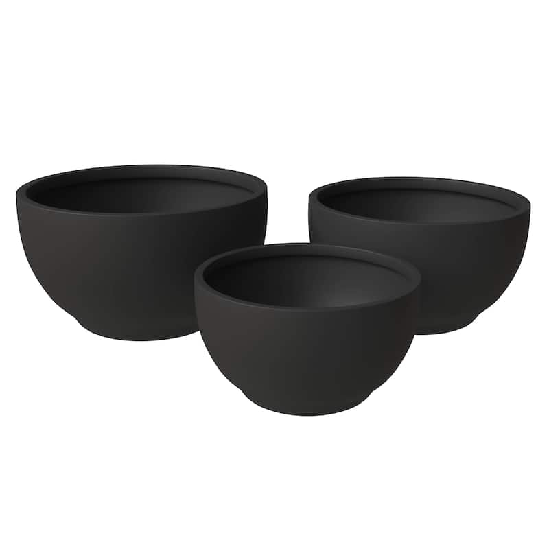 LeisureMod Grove 3-Piece Round Planter Set in Fiberstone and MgO Clay with Drainage, Indoor Outdoor Home Office Yard Patio Decor - Black
