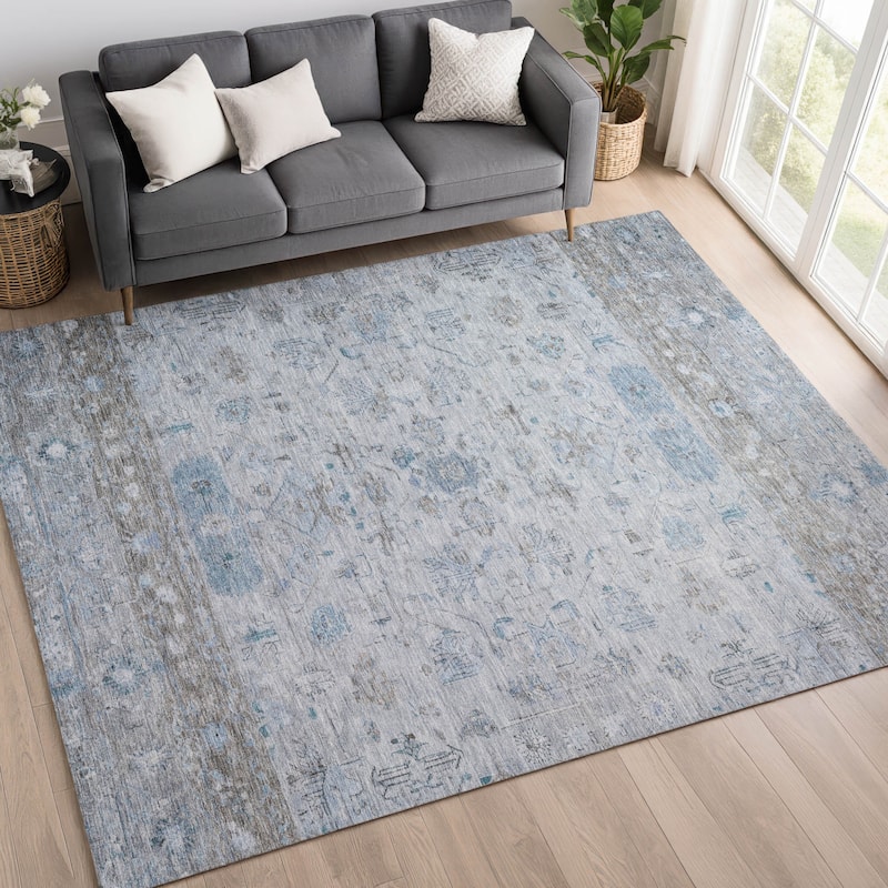Machine Washable Indoor/ Outdoor Traditional Border Chantille Rug