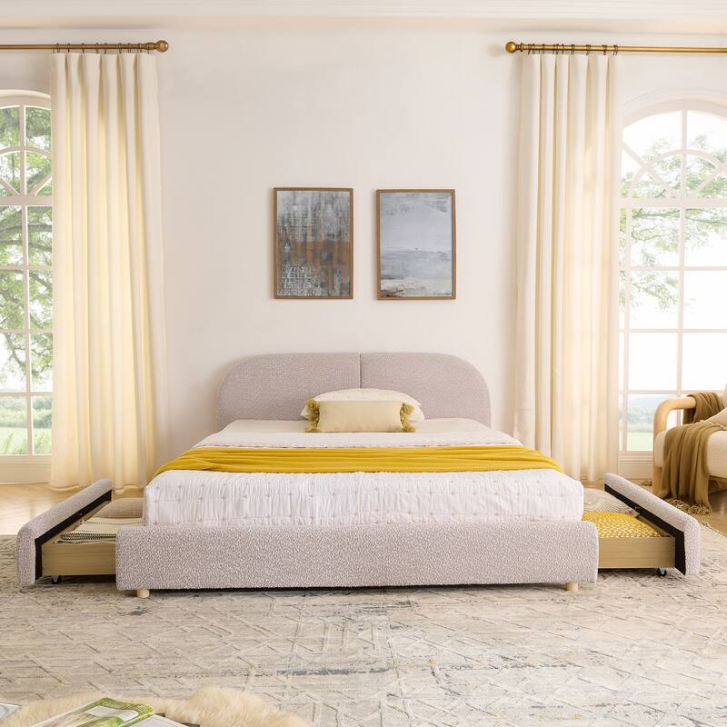 Queen Size Upholstered Bed Frame Modern Minimalist Style - Circle Yarn Fabric, Tall Curved Headboard