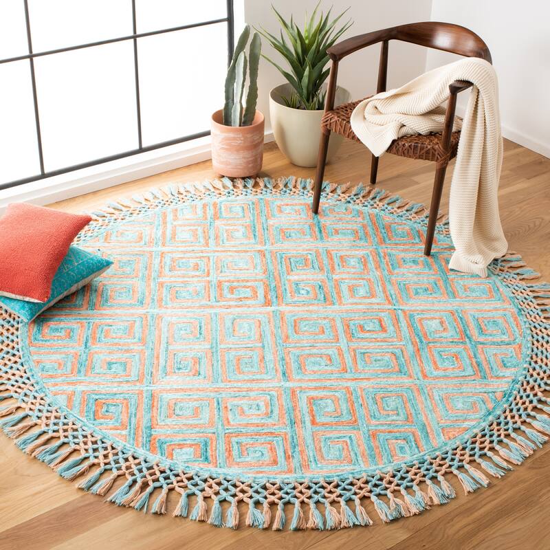 SAFAVIEH Handmade Sahara Alia Silk Tassel Rug - 6' Round - Rust/Aqua