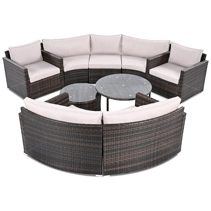 9-Piece Curved Outdoor Wicker Sectional Sofa Set with Overlapping Coffee Tables, Cushions, Modular Half-Moon Design
