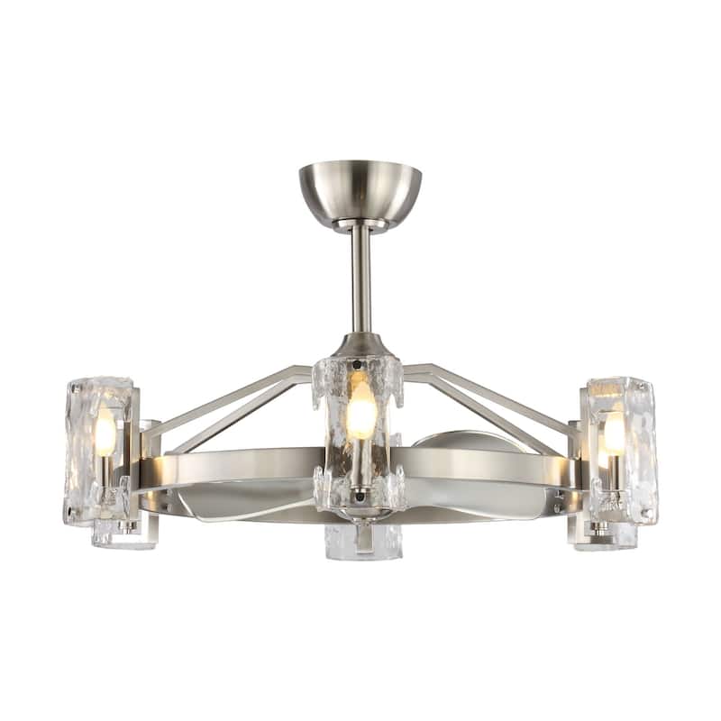 Modern Silver 6-Light 3-Blades Glass Shade Chandelier Ceiling Fan with Light and Remote - 34-in W x 31.6-in H