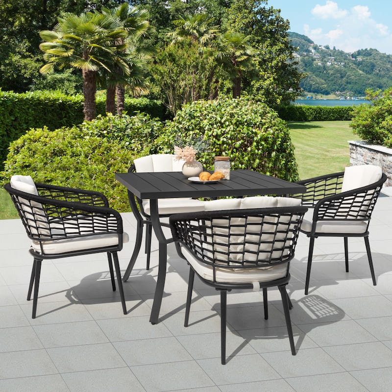 Outdoor Aluminum Dining Set with Powder-Coated Frame, Beige - 5pcs set