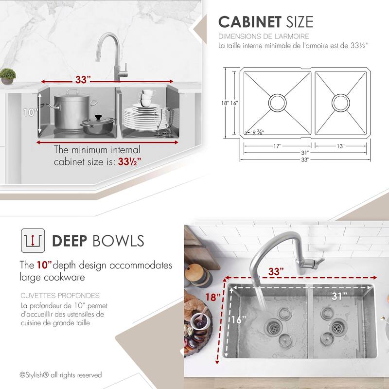 Undermount 33" Double-Bowl Stainless Steel Kitchen Sink S-322XG - 33" x 18" x 10"
